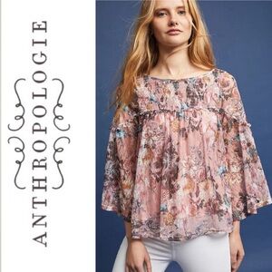 Anthropologie Akemi + Kin Floral Smocked Boho Top Bell Sleeves Peasant Fairy S/M